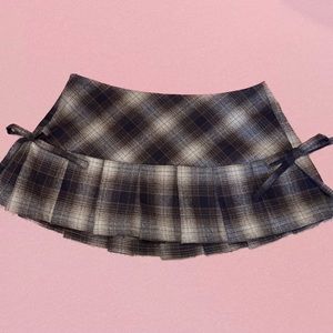 Handmade Low Waisted Brown Pleated Plaid Bow Mini Skirt